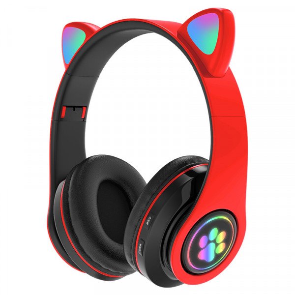 Wholesale Bluetooth Wireless Cute Cat LED Foldable Headphone Headset with Built in Mic for Adults Children Work Home School for Universal Cell Phones, Laptop, Tablet, and More (Red)